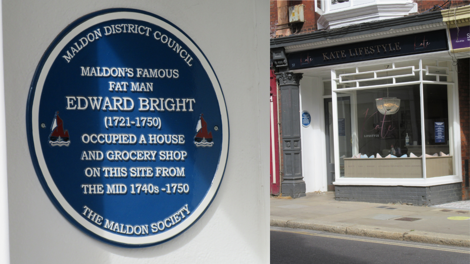 Picture of the Blue Plaque honouring Edward Bright in Maldon next to a picture of the shop that the plaque is outside of,
